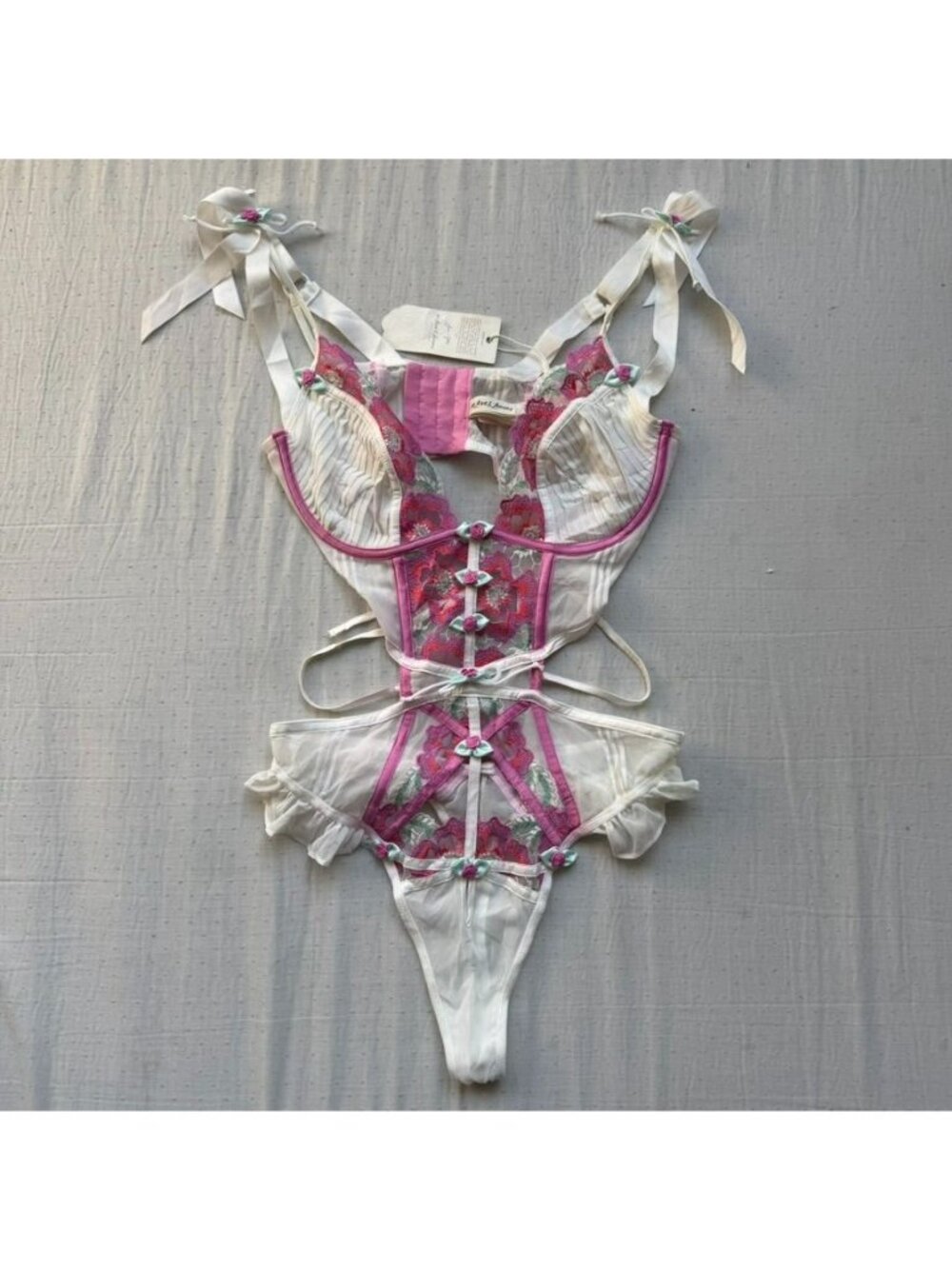 For Love and Lemons Festival Rose Teddy White Pink Embroidered Bodysuit NWT 36B - Picture 2 of 16